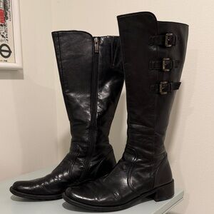 Paul Green Black Leather Knee Boots with Triple Buckles